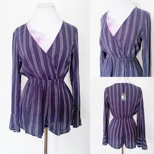 Nautical navy striped Deep V neck long sleeve romper